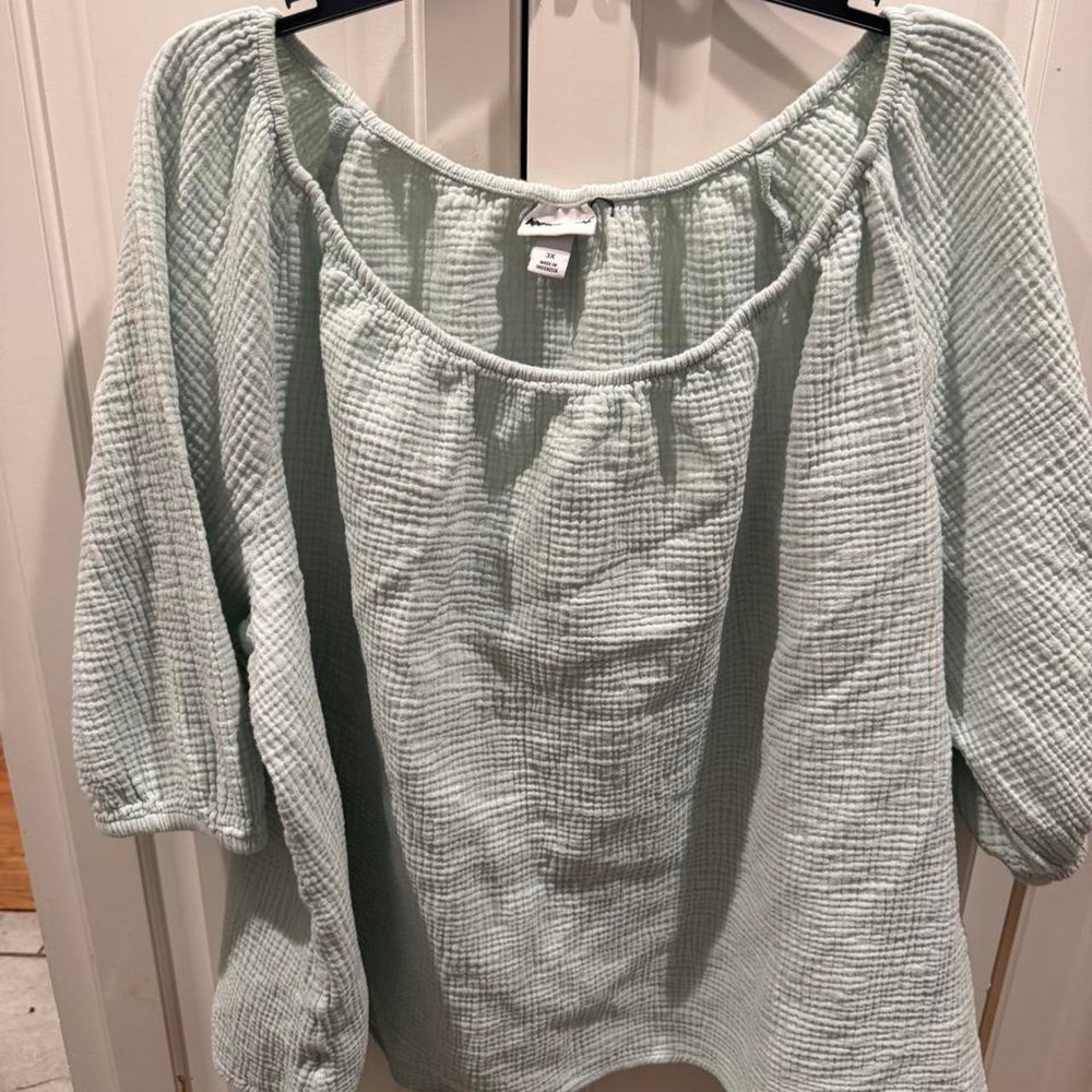 Ava & Viv Women 3X Light Green White Checkered Off The Shoulder Gauze Blouse